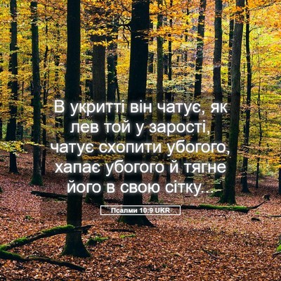 Picture 05 - Псалми 10:9 UKR - В укритті він чатує, як лев - Bible Verse Picture